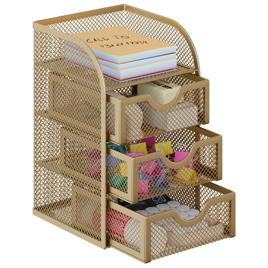 EasyPAG Mesh Desk Organizer with 3 Drawer Office Desktop Organizers and Accessories Stationery Caddy for Office, Home, Students, Pink