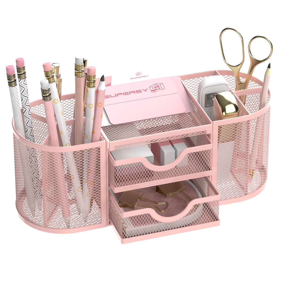 SUPEASY Mesh Desk Organizer, Pen Holder for Desk with 2 Drawers, Black