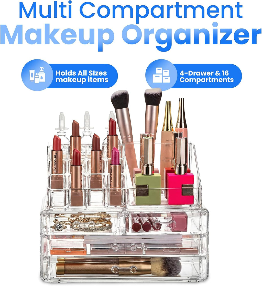 Masirs Clear Makeup Organizer with 4 Drawers 16 Compartments, Countertop
