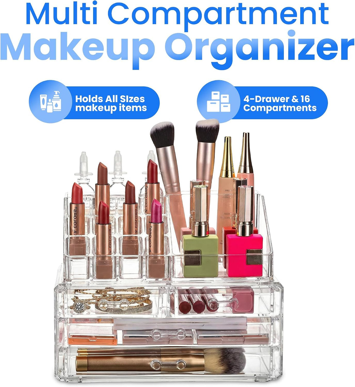 Masirs Clear Makeup Organizer with 4 Drawers 16 Compartments, Countertop