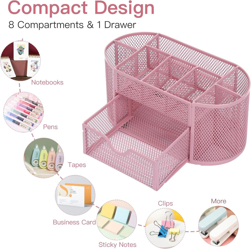EOOUT Pink Desk Organizer Mesh Pencil Holder 8 Compartments 1 Drawer