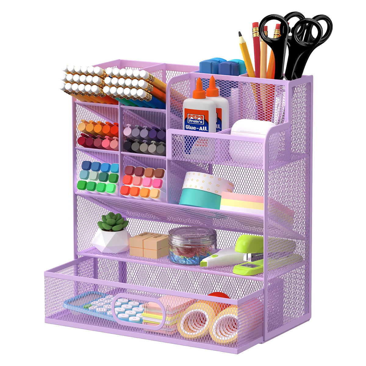 Mesh Pen Organizer for Desk, 13 Compartments with Drawer, Black