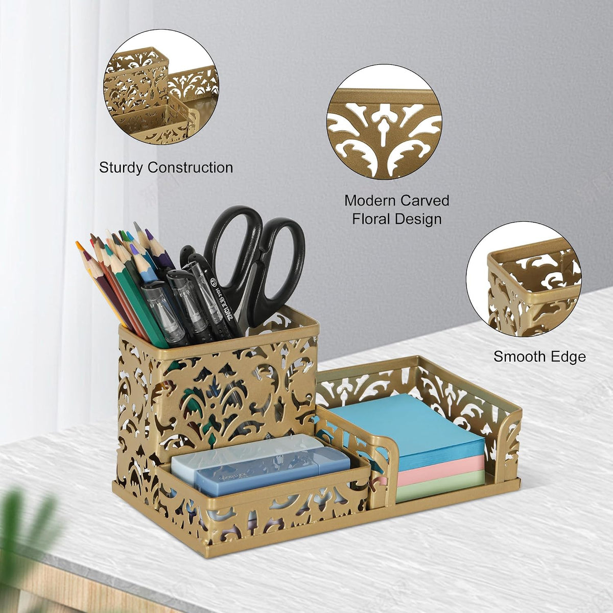EasyPAG Desk Organizer 3 Compartment Pen Holder for Desk Office Supplies Caddy with Sticky Notes Holder for School Home, Gold