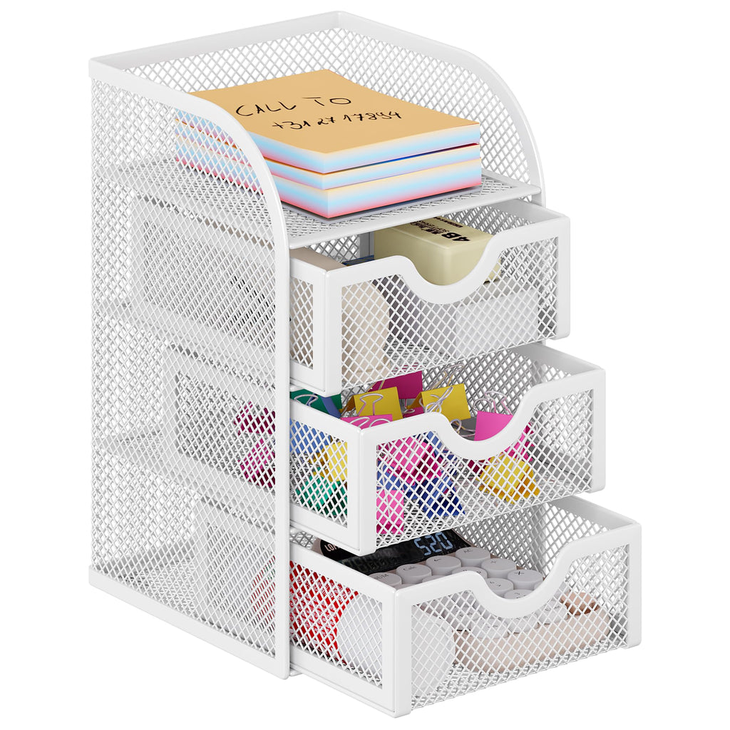 EasyPAG Mesh Desk Organizer with 3 Drawer Office Desktop Organizers and Accessories Stationery Caddy for Office, Home, Students, Pink