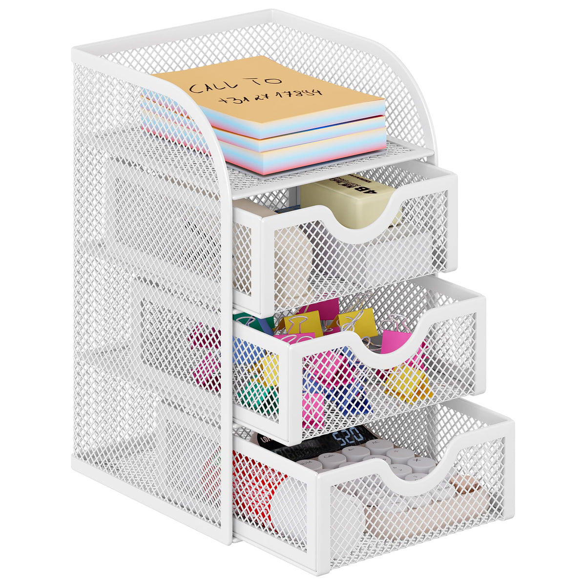 EasyPAG Mesh Desk Organizer with 3 Drawer Office Desktop Organizers and Accessories Stationery Caddy for Office, Home, Students, Pink