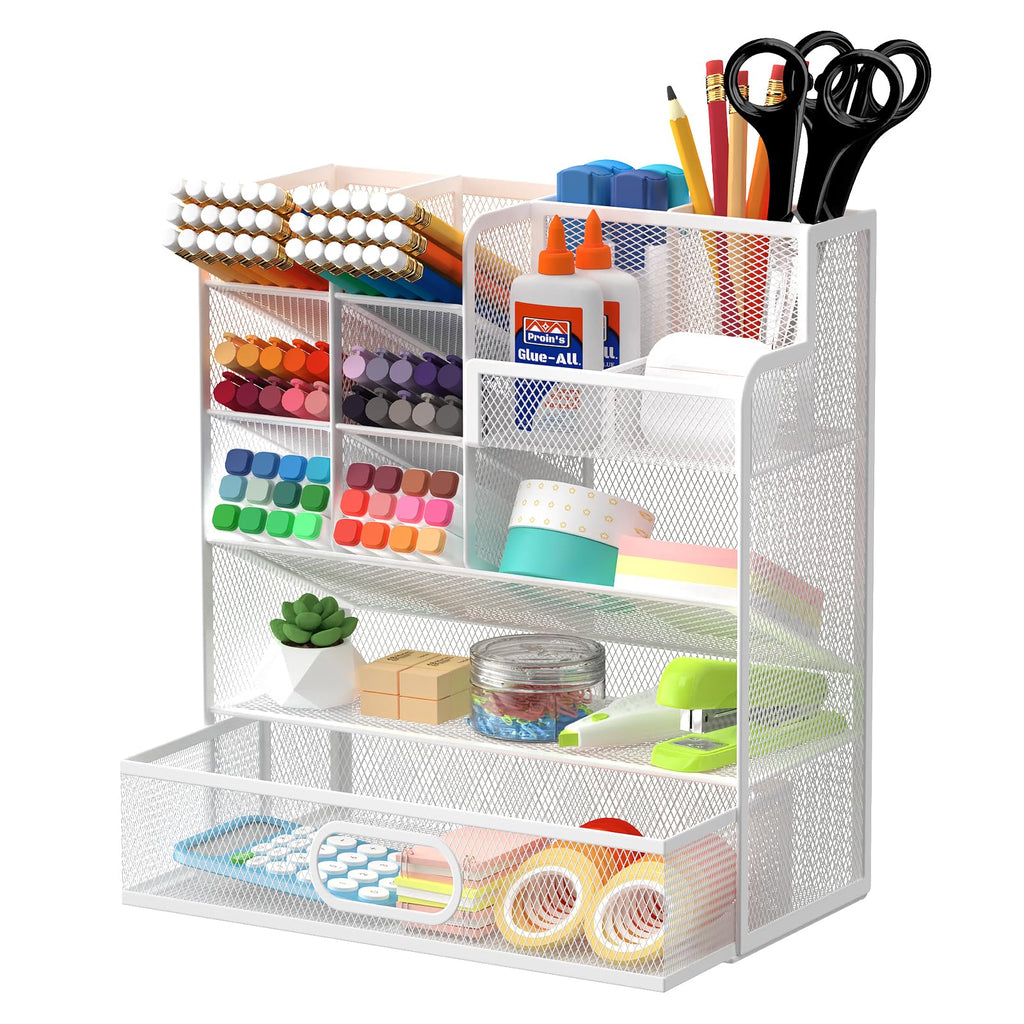 Mesh Pen Organizer for Desk, 13 Compartments with Drawer, Black