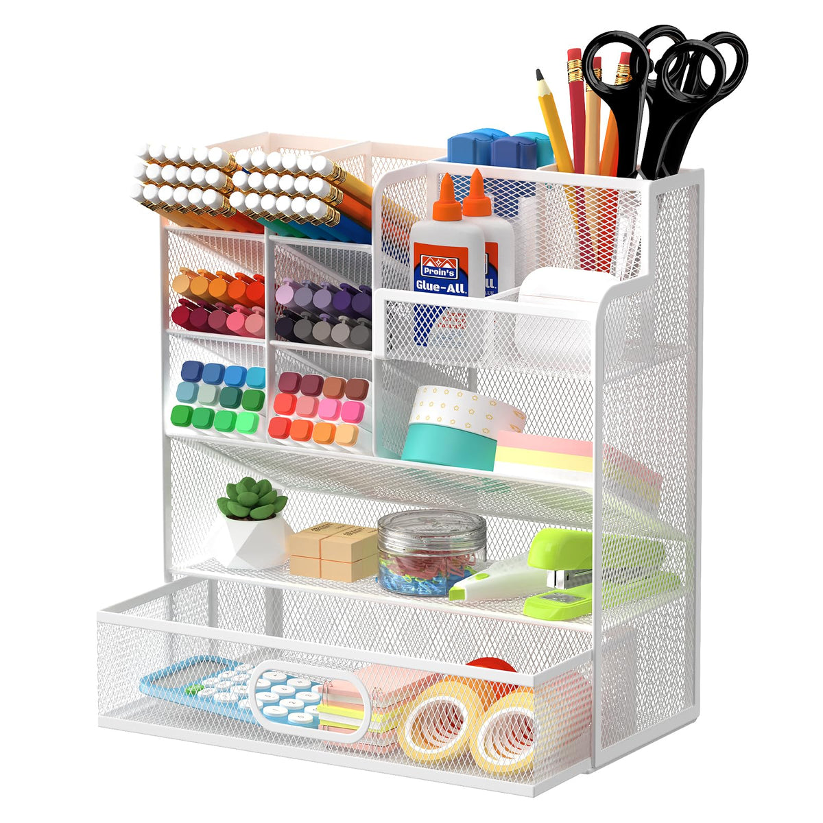 Mesh Pen Organizer for Desk, 13 Compartments with Drawer, Black