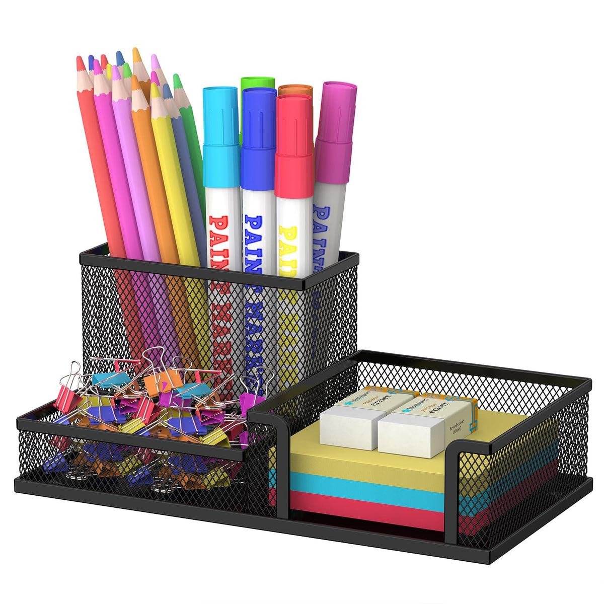 SUPEASY Pen Holder Desk Organizer, Office Supplies Pencil Holder with 3 Compartments, Desk Accessories and Workspace Organizers for Home School Classroom, Black