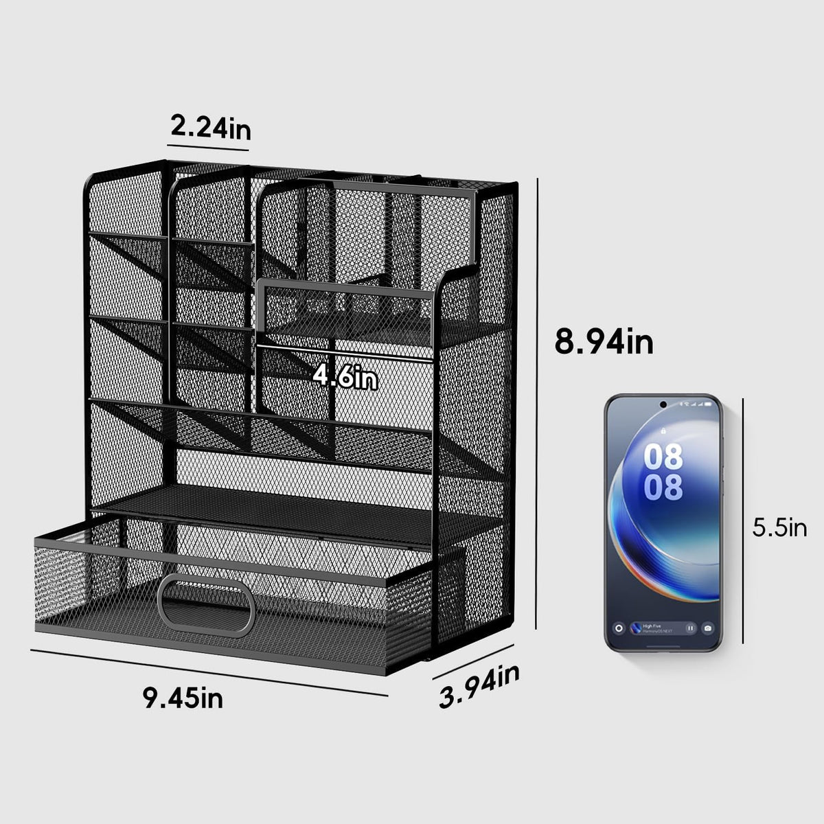 Mesh Pen Organizer for Desk, 13 Compartments with Drawer, Black