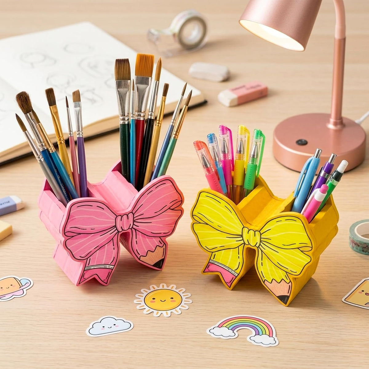 WATINC Bow Pencil and Pen Holder for Desk, 2 Pink Yellow Stationery Storage