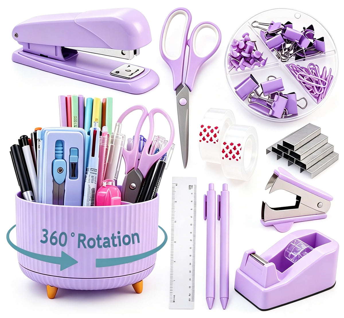 Gawsey Pink Desk Organizers and Accessories with Desk Organizer 360° Rotating Pen Holder and Office Supplies, Cute Stationery Supplies Set