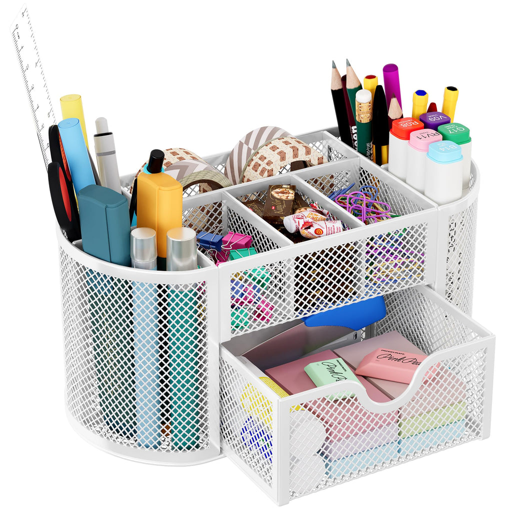 EasyPAG Mesh Pen Holder Desk Organizer with Drawer Stationery Supplies Organizer for Dorm School 9 Compartments Workspace Desk Accessories Organization for Office, Black