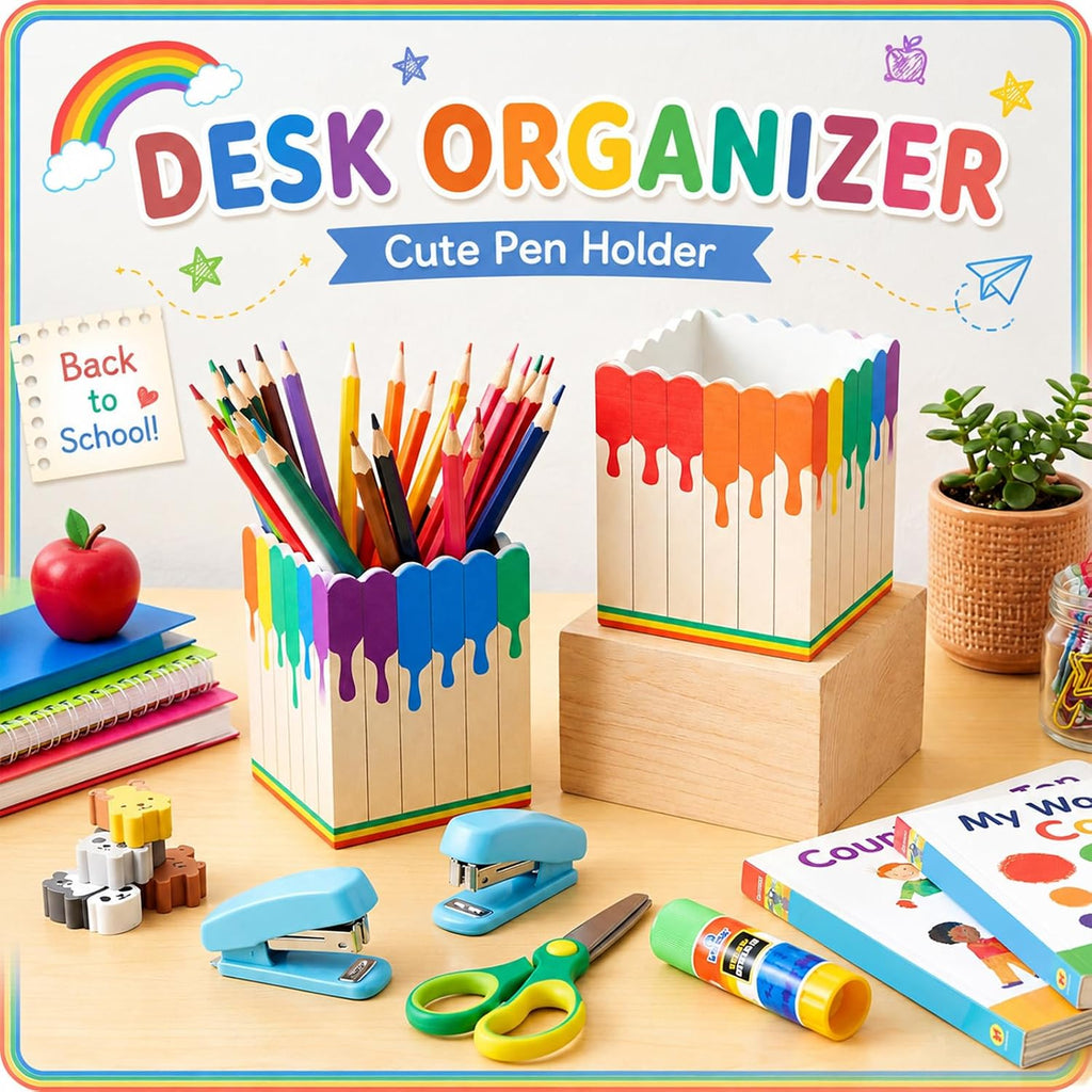 Sherr 2 Pcs Wood Pencil Holder Art Painting Classroom Decor Pen Holder for Classroom Back to School Wooden Crayon Organizer Pencil Storage for Teacher Students First Day School Gifts Office Desk