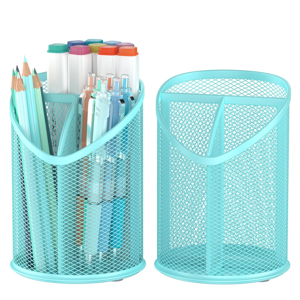 Delifox 2 Pack Pen Holder Mesh Round Pencil Holder 3 Compartments, Black