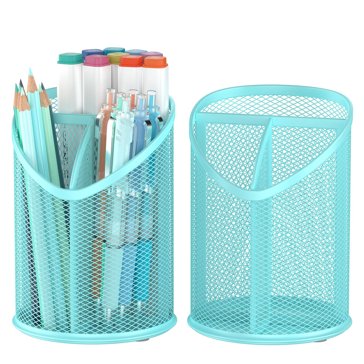 Delifox 2 Pack Pen Holder Mesh Round Pencil Holder 3 Compartments, Black