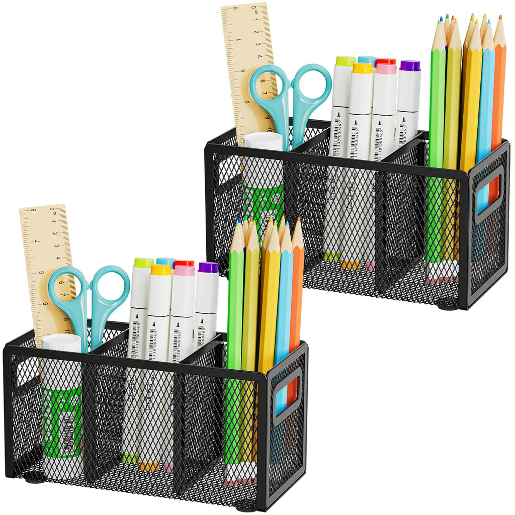 Marbrasse Mesh Pen Holder for Desk, Pencil Holder Desk Organizer 3 Adjustable Compartments, Pencil Cup with Handle Perfect for Classroom, Office, Home, Makeup, Art (Black)