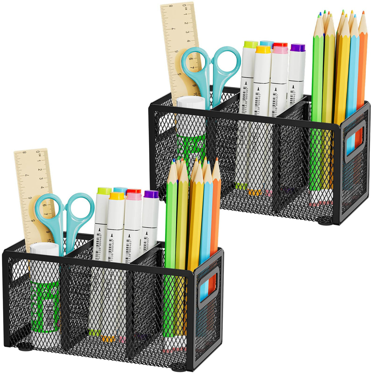 Marbrasse Mesh Pen Holder for Desk, Pencil Holder Desk Organizer 3 Adjustable Compartments, Pencil Cup with Handle Perfect for Classroom, Office, Home, Makeup, Art (Black)