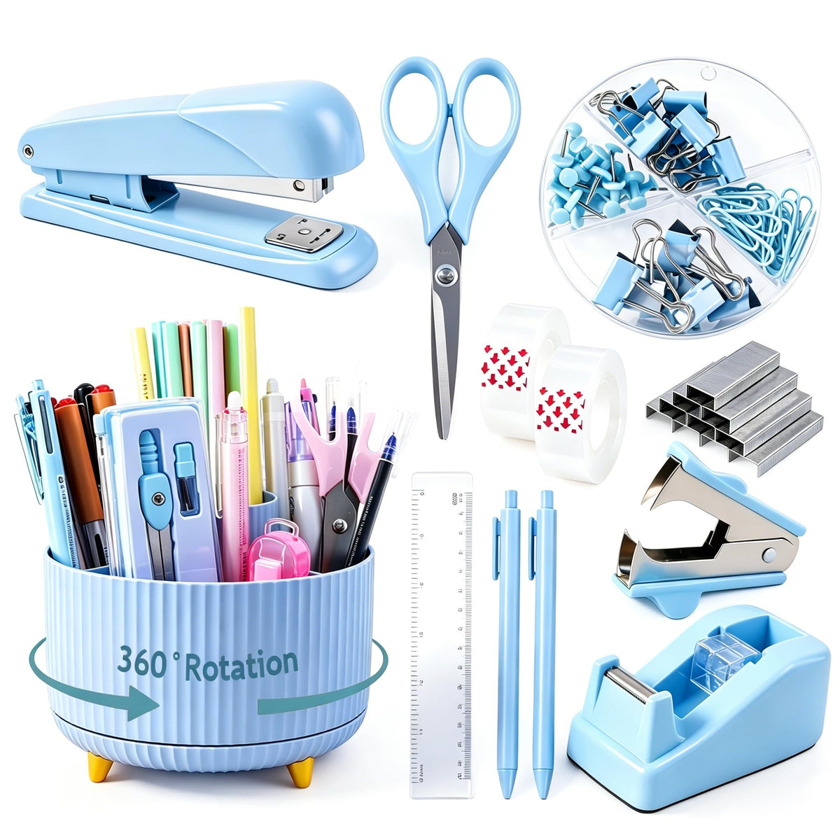 Gawsey Pink Desk Organizers and Accessories with Desk Organizer 360° Rotating Pen Holder and Office Supplies, Cute Stationery Supplies Set