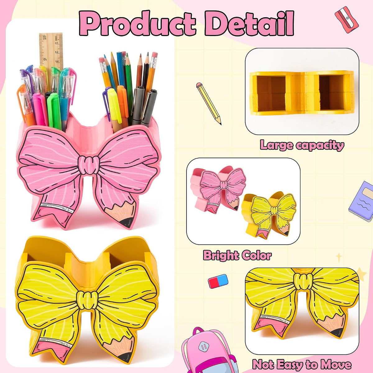 WATINC Bow Pencil and Pen Holder for Desk, 2 Pink Yellow Stationery Storage