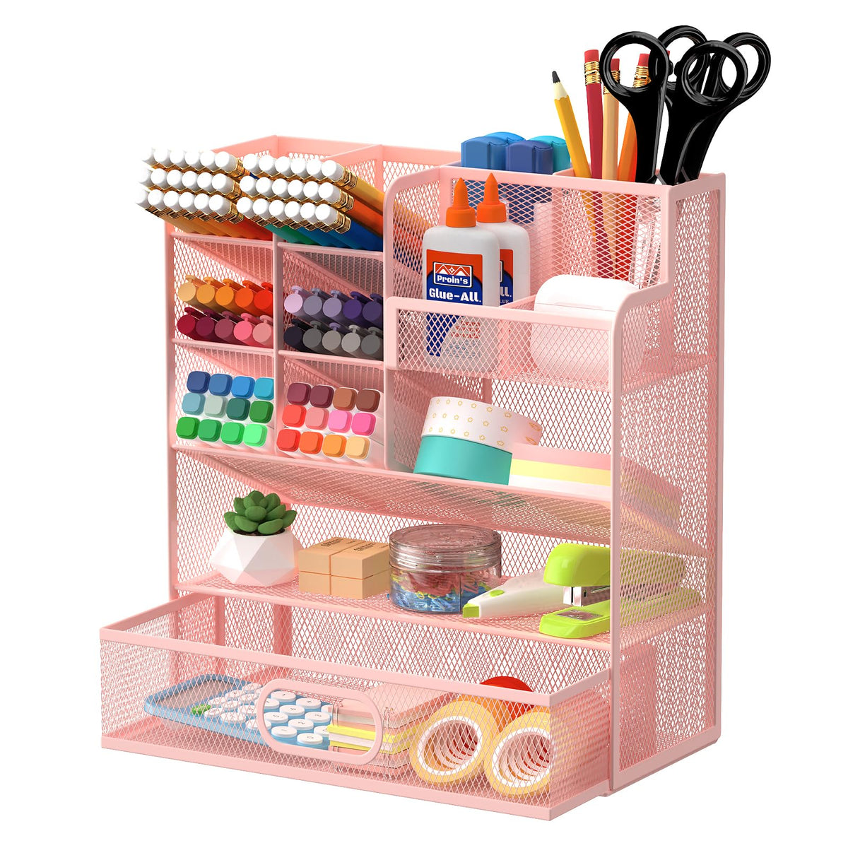 Mesh Pen Organizer for Desk, 13 Compartments with Drawer, Black