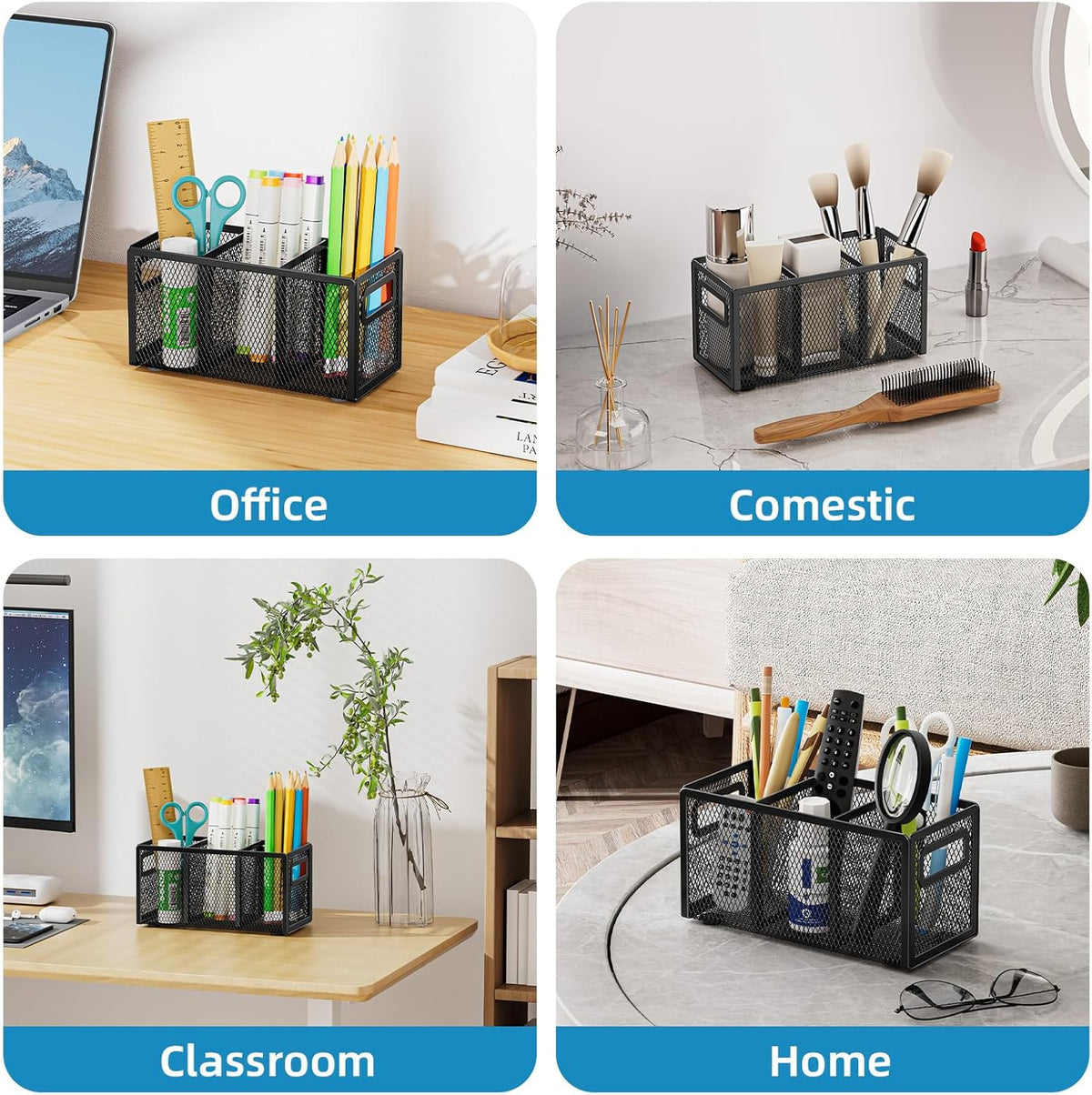 Marbrasse Mesh Pen Holder for Desk, Pencil Holder Desk Organizer 3 Adjustable Compartments, Pencil Cup with Handle Perfect for Classroom, Office, Home, Makeup, Art (Black)