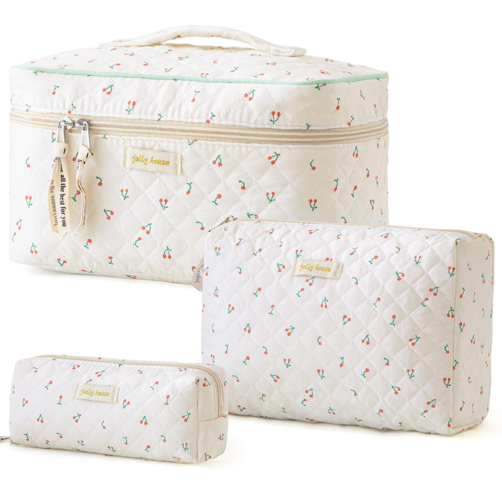 HBselect Quilted Makeup Bag, 3Pcs Cotton Large Travel Makeup Bags Organizer