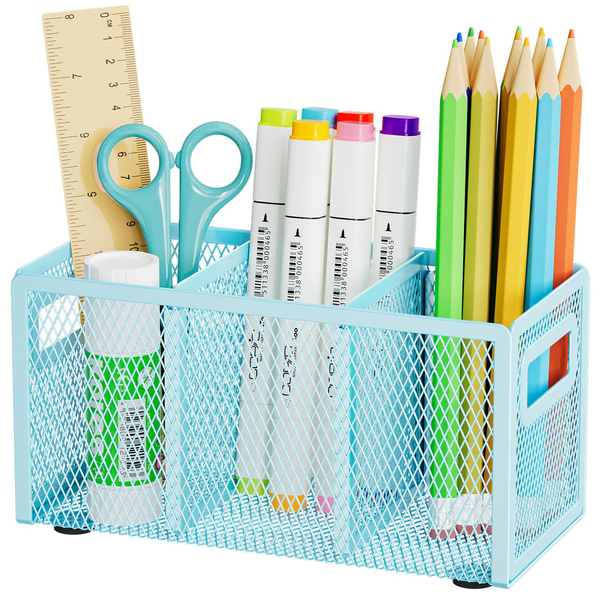 Marbrasse Mesh Pen Holder for Desk, Pencil Holder Desk Organizer 3 Adjustable Compartments, Pencil Cup with Handle Perfect for Classroom, Office, Home, Makeup, Art (Black)