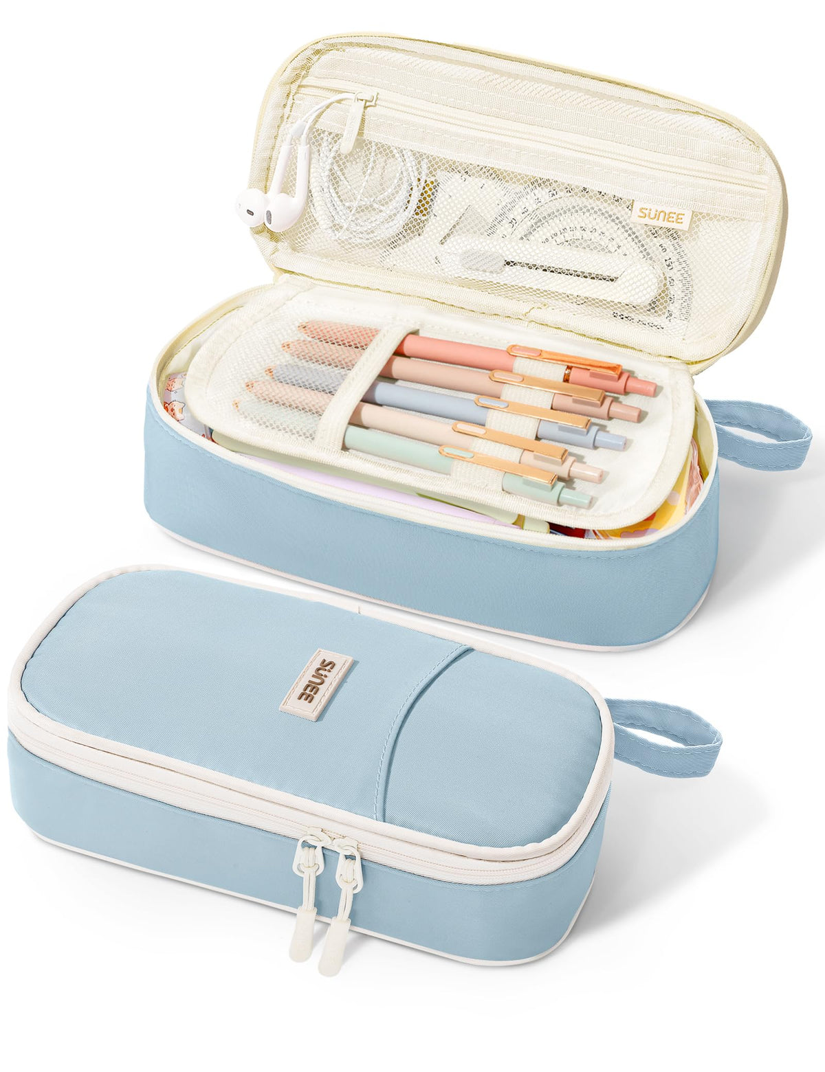 SUNEE Cute Pencil Case, Aesthetic Pen Pouch, Colored Large Pencil Bag with Zipper, Kawaii Stationery Storage and Organizer, School Supplies for Teen and Adult Girls, Blue