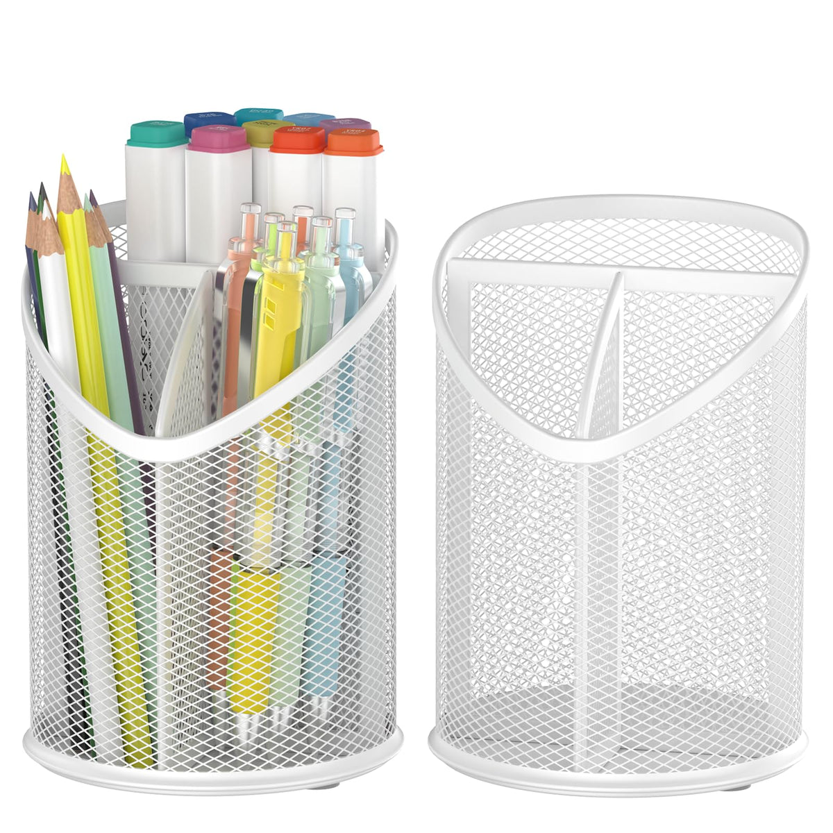 Delifox 2 Pack Pen Holder Mesh Round Pencil Holder 3 Compartments, Black