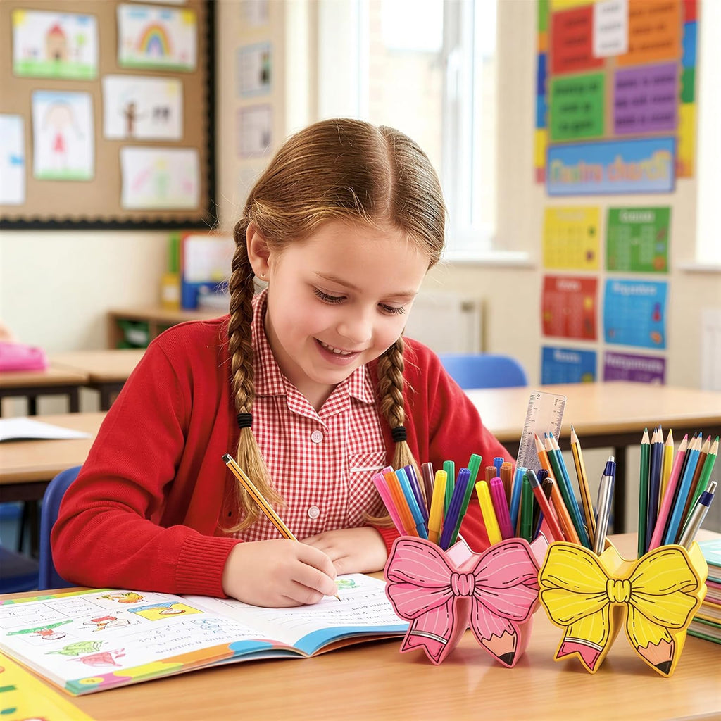 WATINC Bow Pencil and Pen Holder for Desk, 2 Pink Yellow Stationery Storage