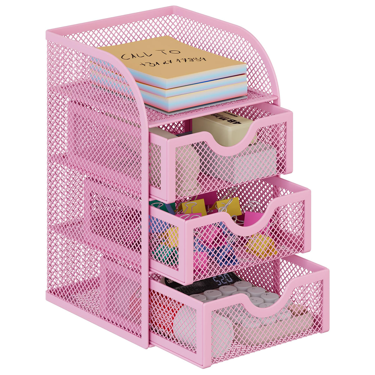 EasyPAG Mesh Desk Organizer with 3 Drawer Office Desktop Organizers and Accessories Stationery Caddy for Office, Home, Students, Pink