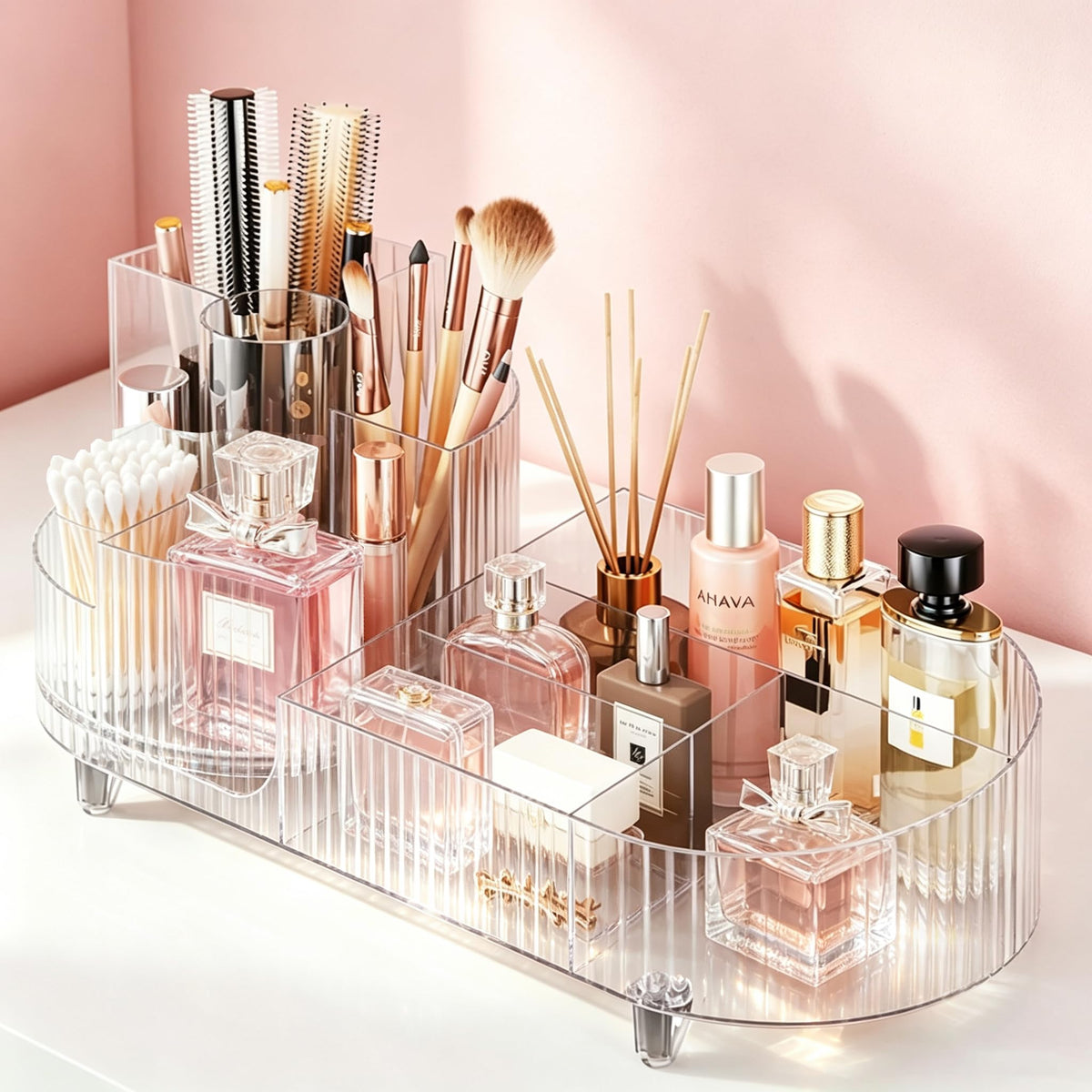 Pink Rotating Vanity Organizer with Brush Holder - Large Spinning Cosmetic Storage, Countertop Makeup & Skincare Organizer, Perfume & Lotions Display Case
