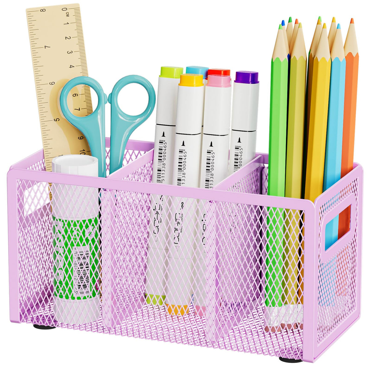 Marbrasse Mesh Pen Holder for Desk, Pencil Holder Desk Organizer 3 Adjustable Compartments, Pencil Cup with Handle Perfect for Classroom, Office, Home, Makeup, Art (Black)