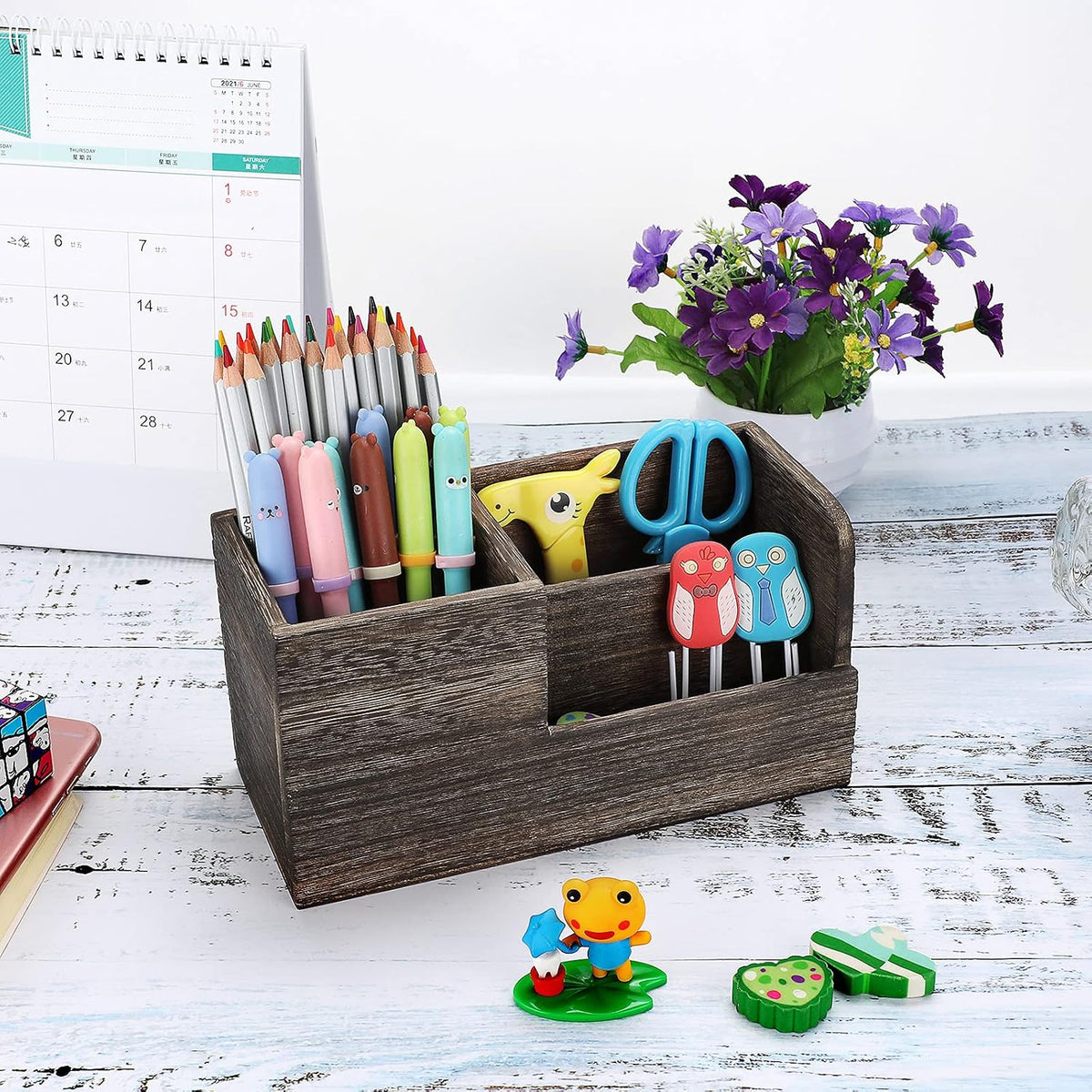 BTSKY Desk Pen Pencil Holder Retro Wood Multi-Function Desk Stationery Organizer Storage Box Pen/Pencil, Business Name Cards Remote Control Holder Office Home Accessories Organizer Vintage Brown