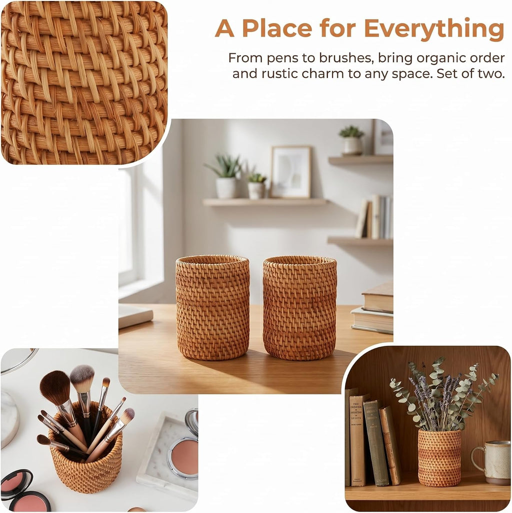 Okllen 2 Pack Rattan Pencil Holder, Handmade Wicker Pen Cup Makeup Brushes Holder, Woven Vine Desk Organizer Pen Container Box for Office & Home Desktop, Kitchen Utensil Cutlery, Cylinder