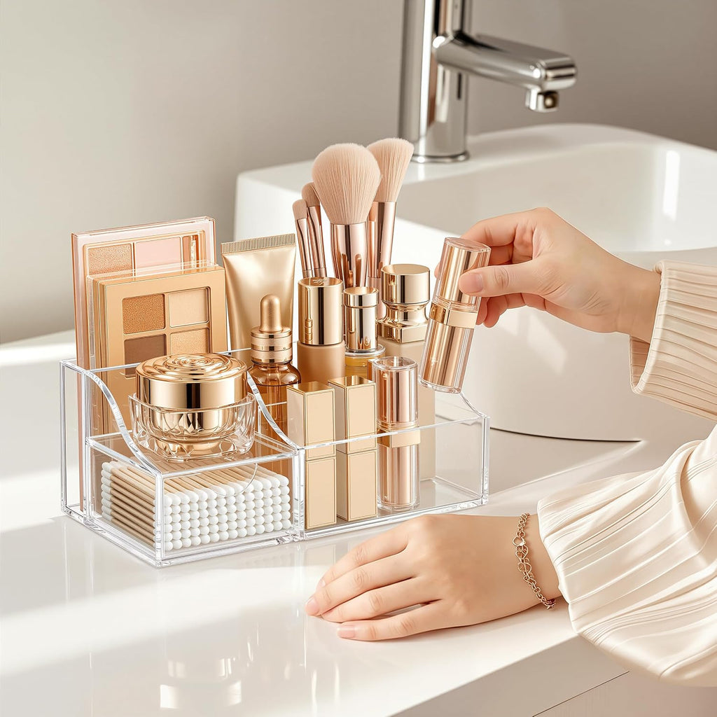 HBlife Makeup Organizer with Drawer – Cosmetic Storage for Vanity, Bathroom Countertop & Dresser, Skincare Organizer with Brush Holder, Beauty Display Case (Clear)