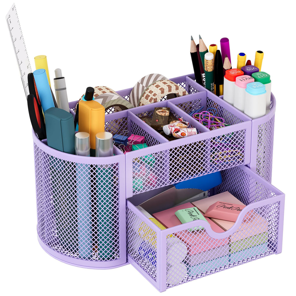 EasyPAG Mesh Pen Holder Desk Organizer with Drawer Stationery Supplies Organizer for Dorm School 9 Compartments Workspace Desk Accessories Organization for Office, Black