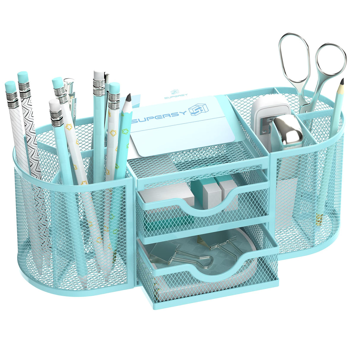 SUPEASY Mesh Desk Organizer, Pen Holder for Desk with 2 Drawers, Black