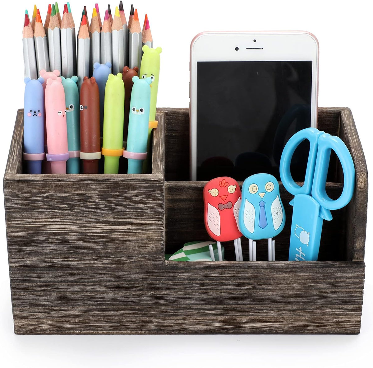 BTSKY Desk Pen Pencil Holder Retro Wood Multi-Function Desk Stationery Organizer Storage Box Pen/Pencil, Business Name Cards Remote Control Holder Office Home Accessories Organizer Vintage Brown