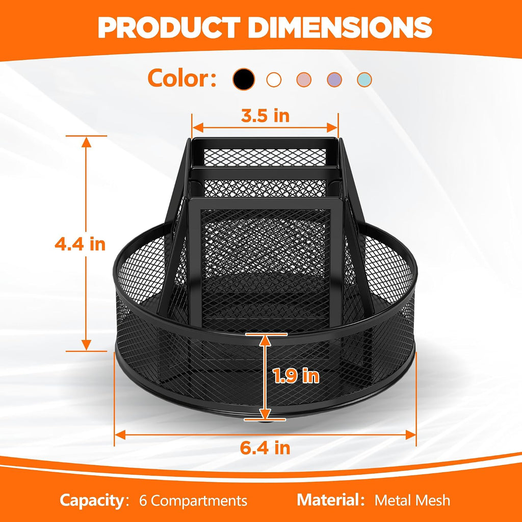 Docnest 360°Rotating Mesh Desk Organizer,6-Compartment Pen Holder,Black
