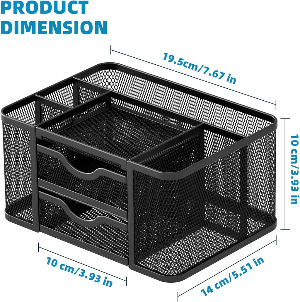Marbrasse Mesh Desk Organizer, Pen Organizer with 2 Drawer, Multi-Functional Pencil Holder, Desk Organizers and Accessories with 5 Compartments + Drawer for Office Art Supplies (Black)