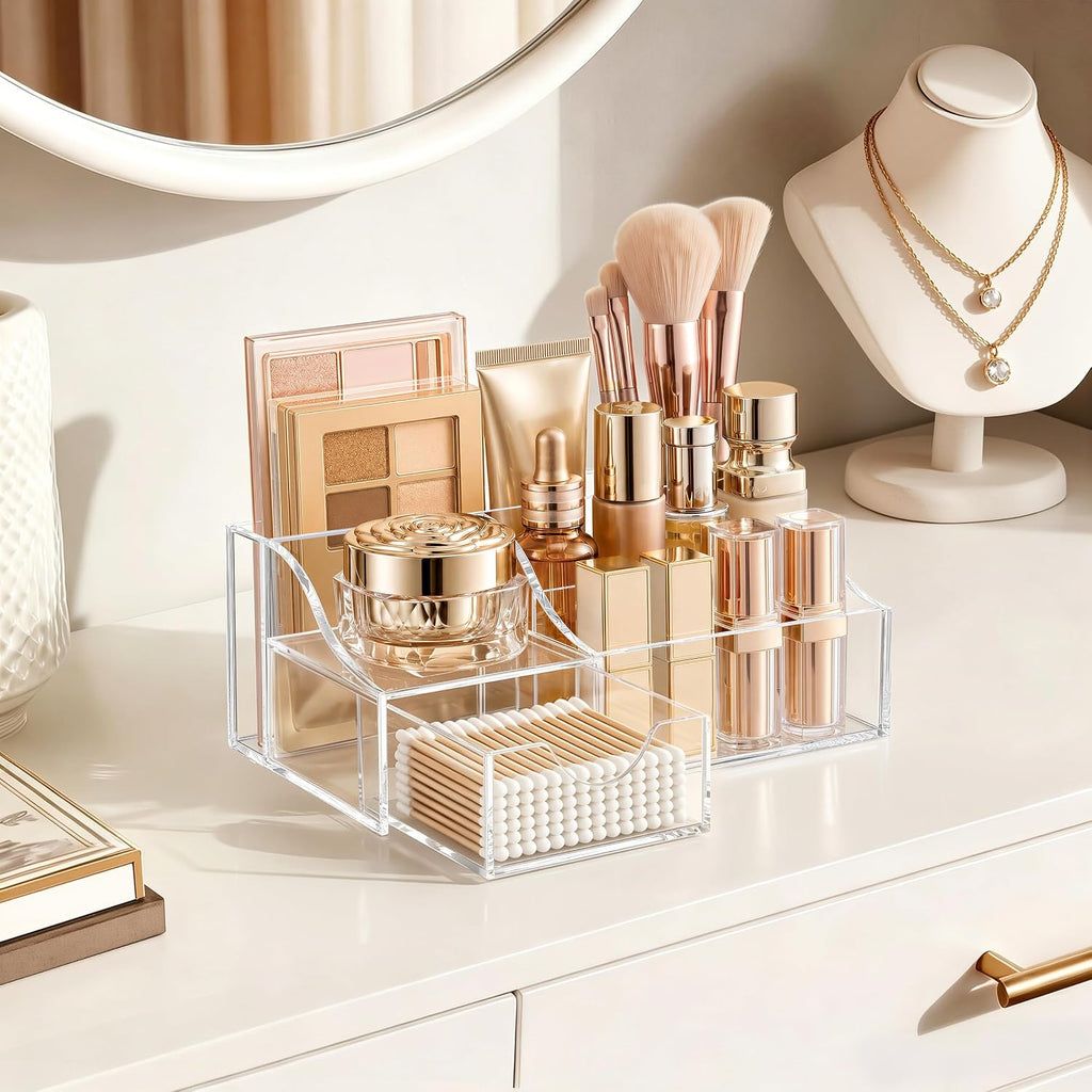 HBlife Makeup Organizer with Drawer – Cosmetic Storage for Vanity, Bathroom Countertop & Dresser, Skincare Organizer with Brush Holder, Beauty Display Case (Clear)