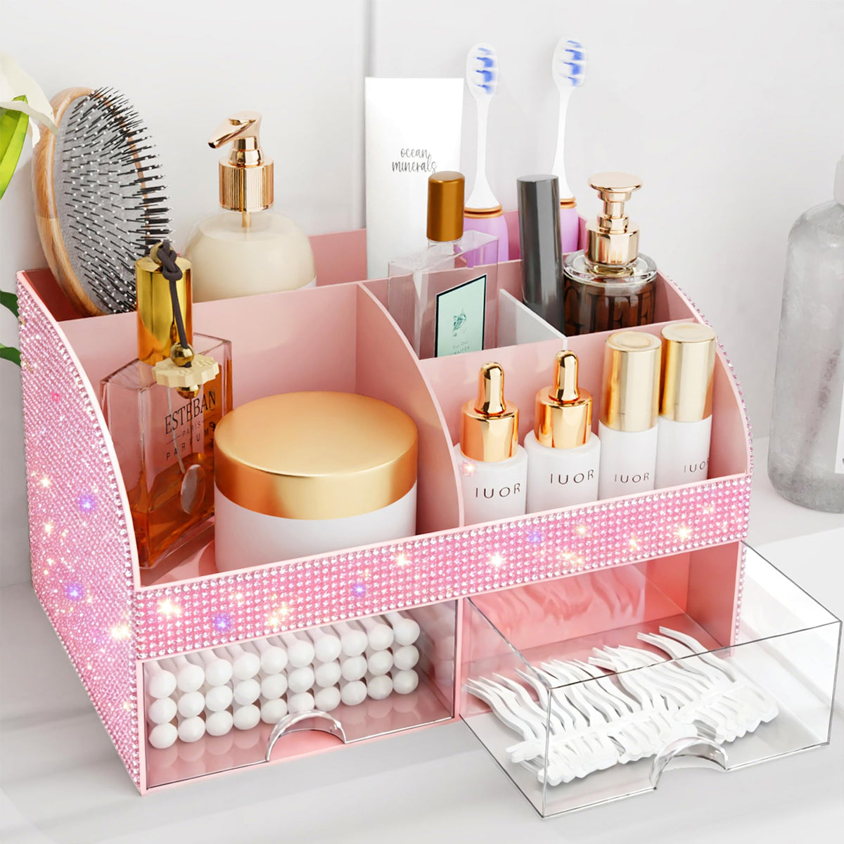 Makeup Organizer with Drawers, Cosmetic Storage for Dresser Vanity and Bathroom Countertop, Beauty Holder for Lipstick Brush, Skincare Organizer for Vanity, Cosmetic Display Case (Black)