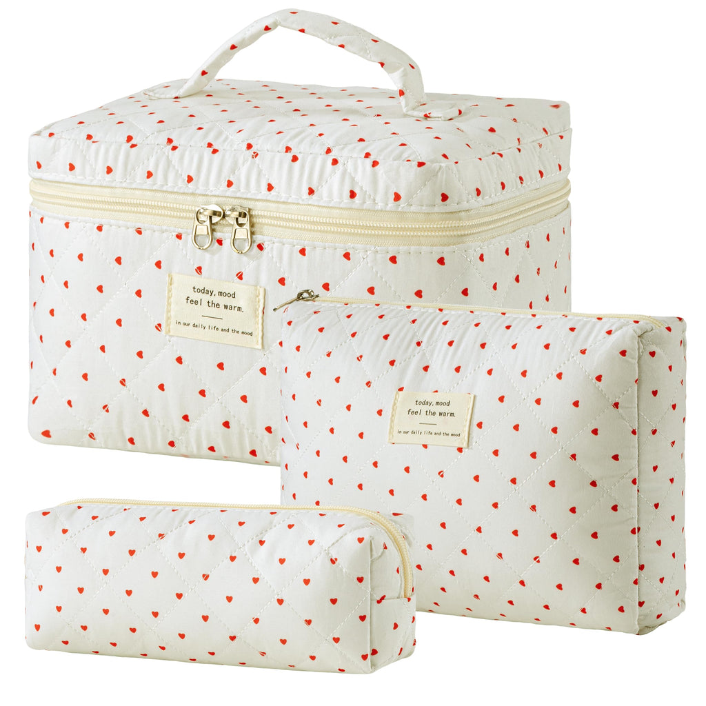 HBselect Quilted Makeup Bag, 3Pcs Cotton Large Travel Makeup Bags Organizer