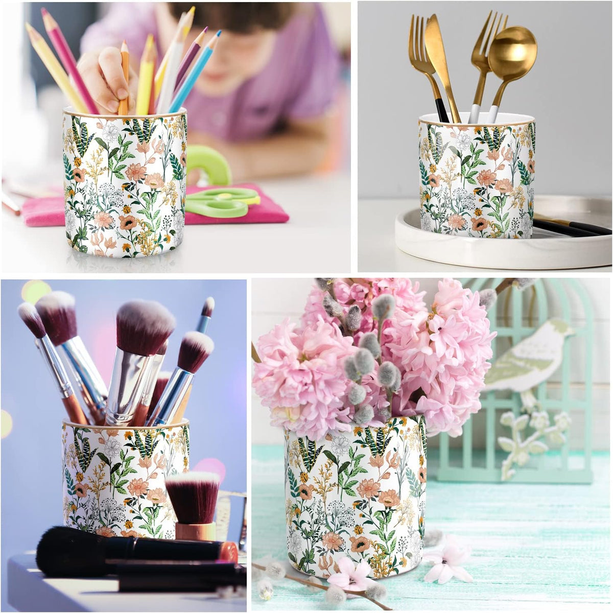 Large Capacity Colored Pen Holder for Desk, Ceramic Pencil Holder Pen Cup Marker Holder Makeup Brush Holders, Desk Accessories & Workspace Organizers for Home, Office, White Flower