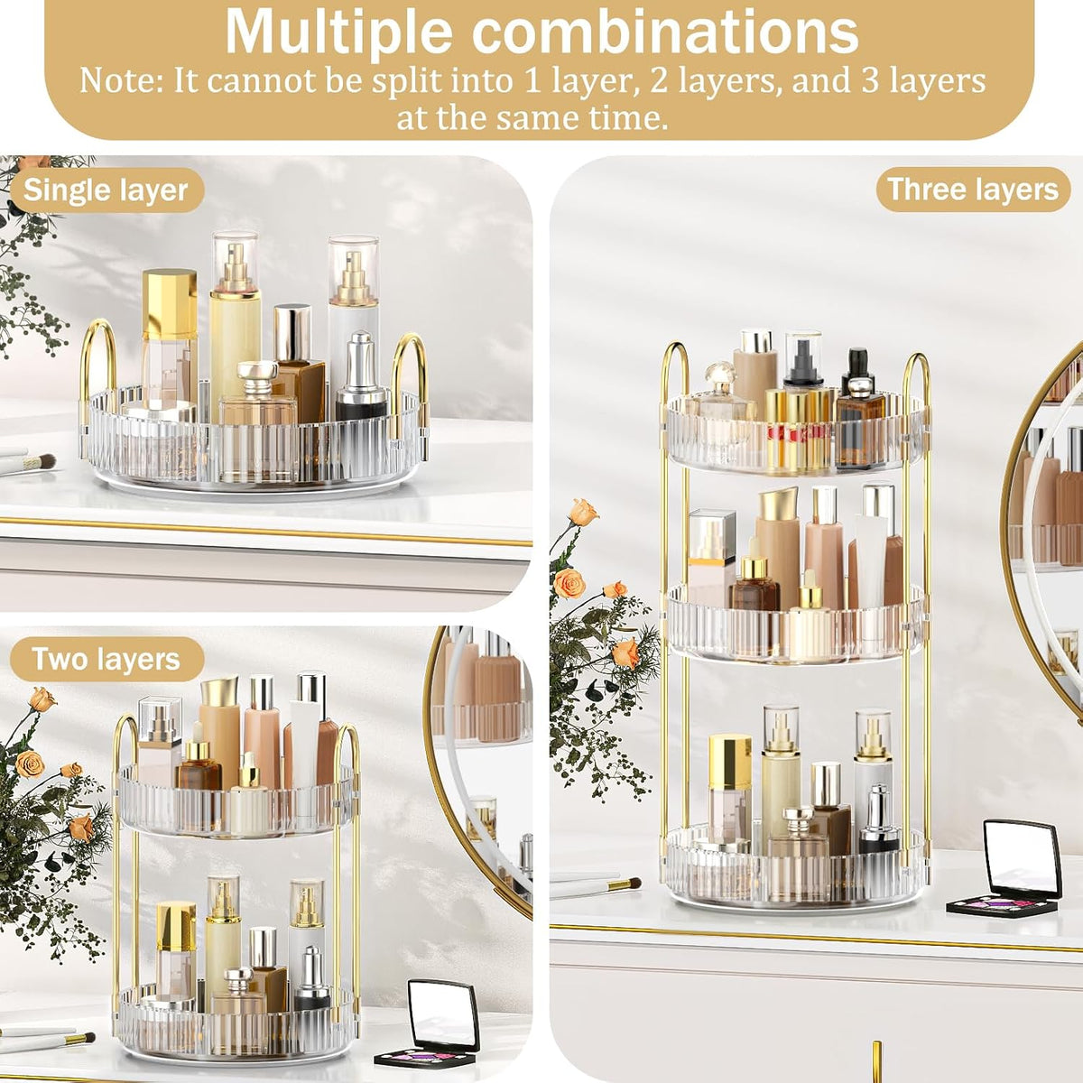MOKANI 360 Rotating Makeup Organizer for Vanity, 3 Tier Perfume Organizer