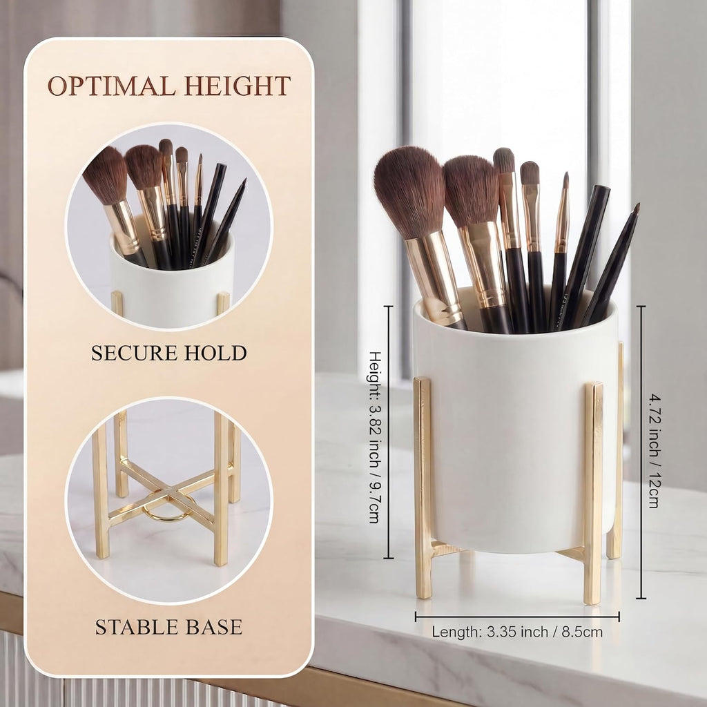 4.72" Gold Pen Holder Aesthetic Pencil Holder for Desk, Gold Desk Organizers and Accessories for Women Girls, Ceramic Pen Holder for Office