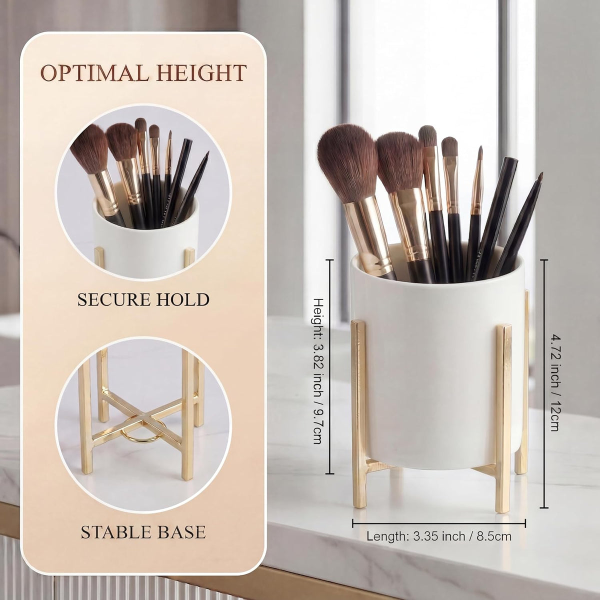4.72" Gold Pen Holder Aesthetic Pencil Holder for Desk, Gold Desk Organizers and Accessories for Women Girls, Ceramic Pen Holder for Office