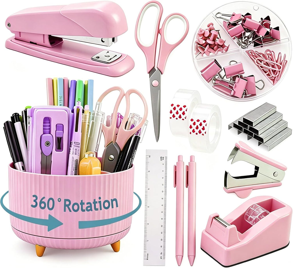Gawsey Pink Desk Organizers and Accessories with Desk Organizer 360° Rotating Pen Holder and Office Supplies, Cute Stationery Supplies Set