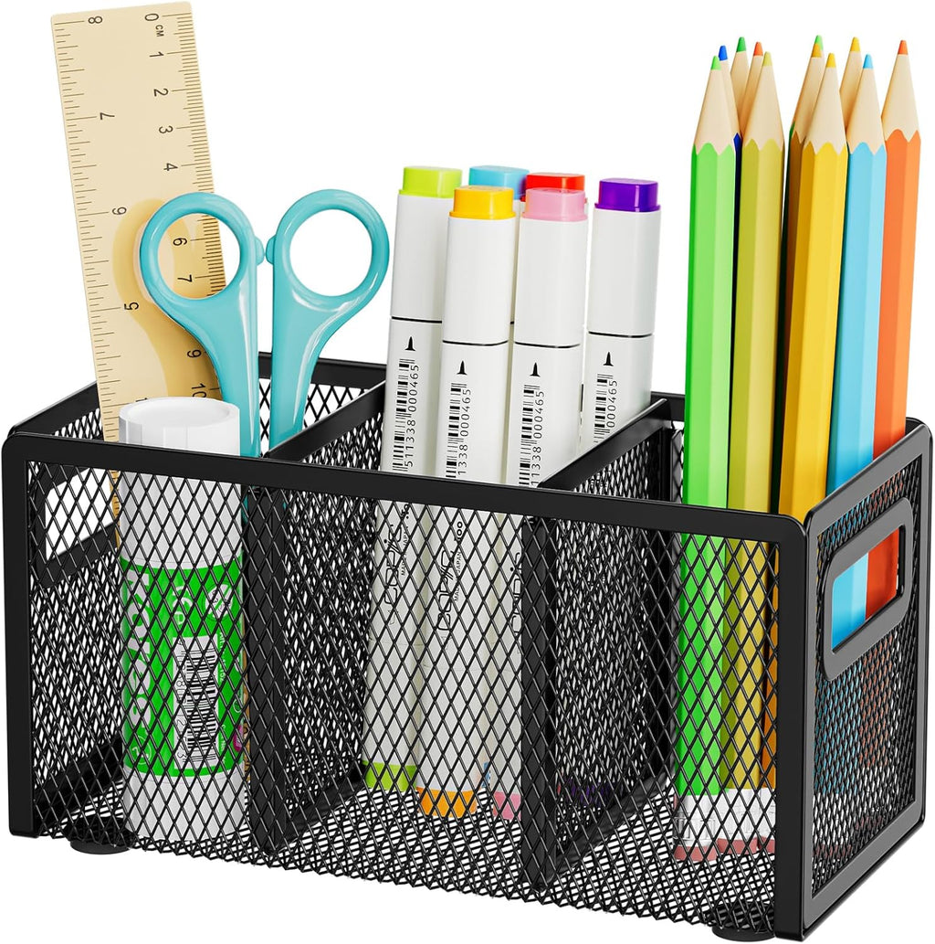 Marbrasse Mesh Pen Holder for Desk, Pencil Holder Desk Organizer 3 Adjustable Compartments, Pencil Cup with Handle Perfect for Classroom, Office, Home, Makeup, Art (Black)